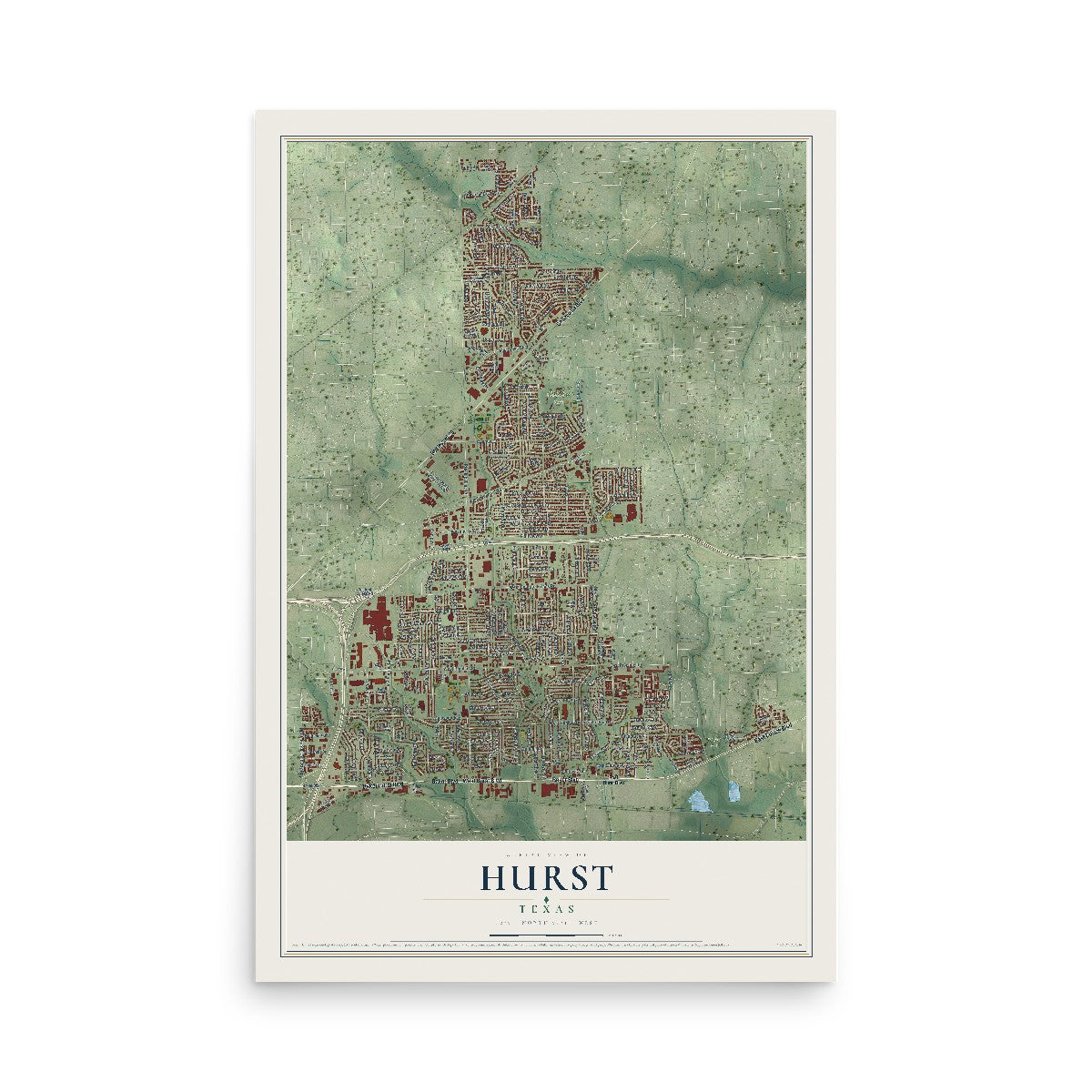 Map of Hurst, Texas, 12 x 18 inch unframed archival matte print