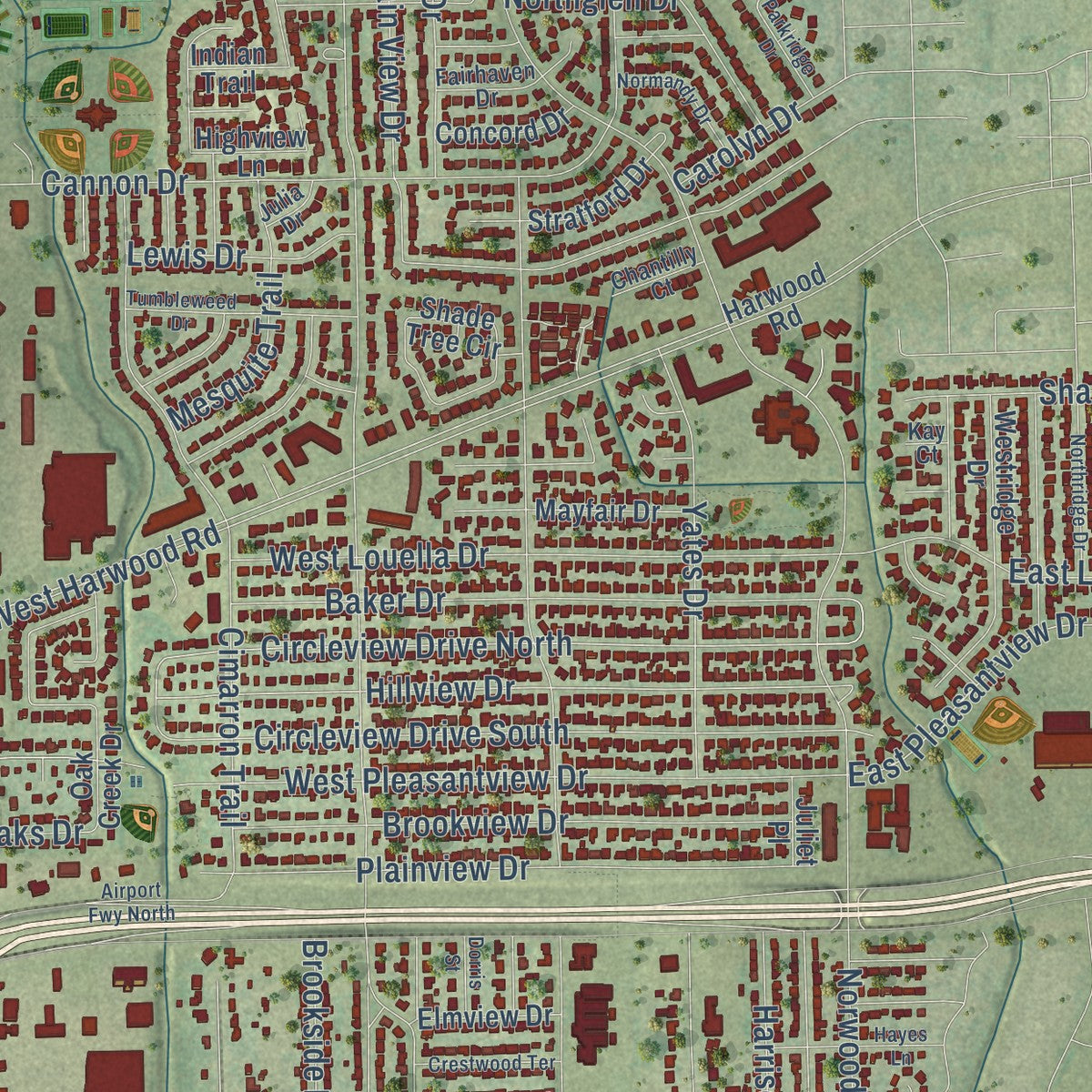 Close-up of the map of Hurst, Texas print showing street and building detail