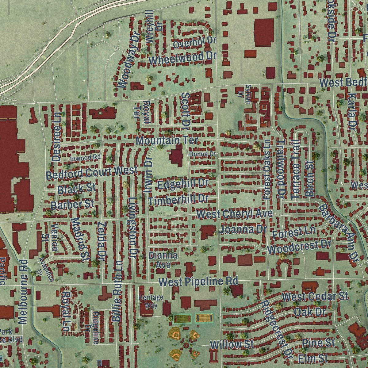 Second close-up of the map of Hurst, Texas print showing more streets and buildings