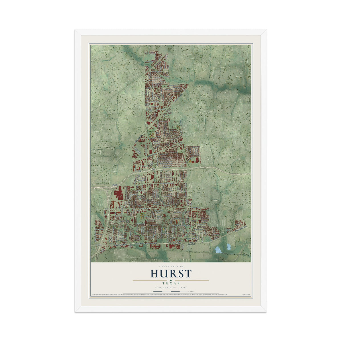 Map of Hurst, Texas, 12 x 18 inch print in a white wood frame
