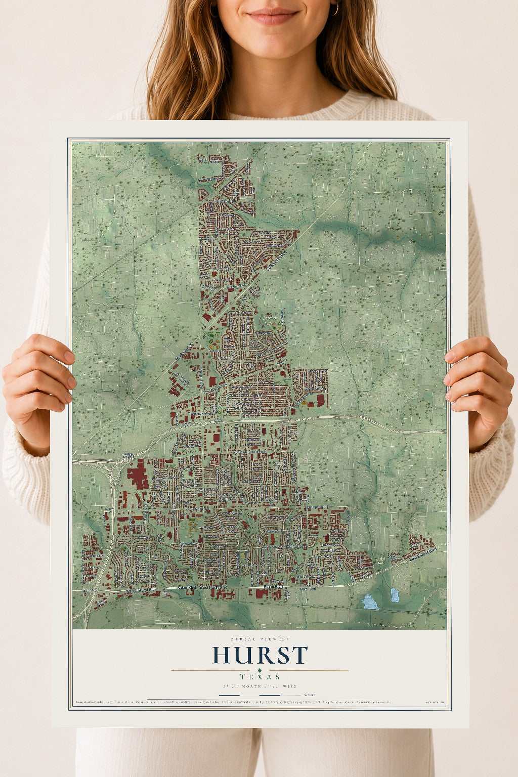 Map of Hurst, Texas, 18 x 24 inch unframed archival matte print