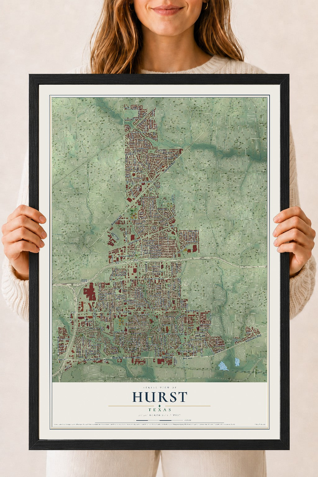 Map of Hurst, Texas, 18 x 24 inch print in a black wood frame