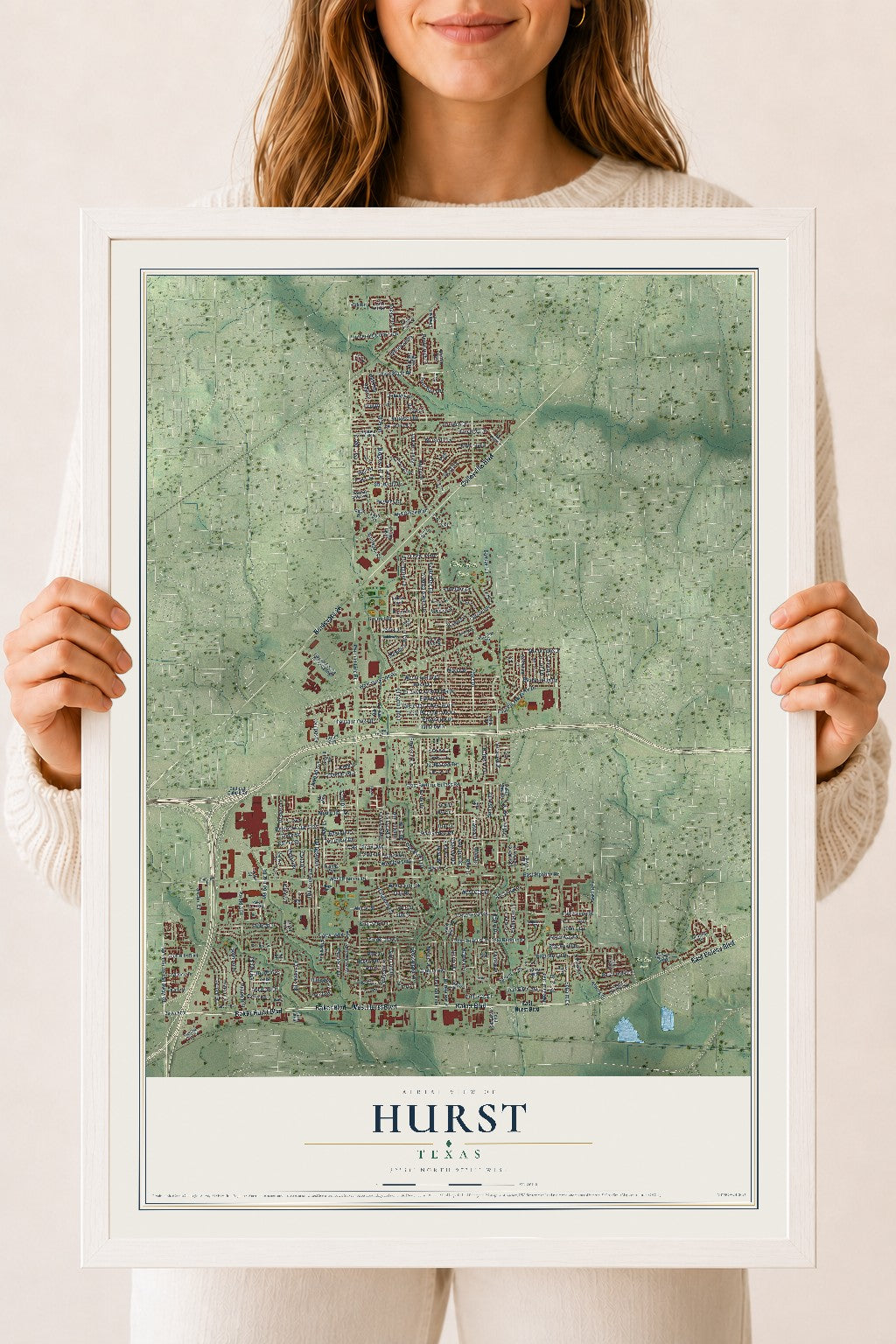 Map of Hurst, Texas, 18 x 24 inch print in a white wood frame