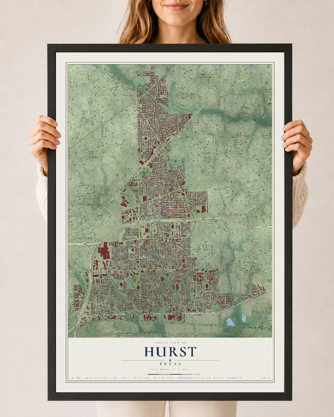 Map of Hurst, Texas, 24 x 36 inch print in a black wood frame