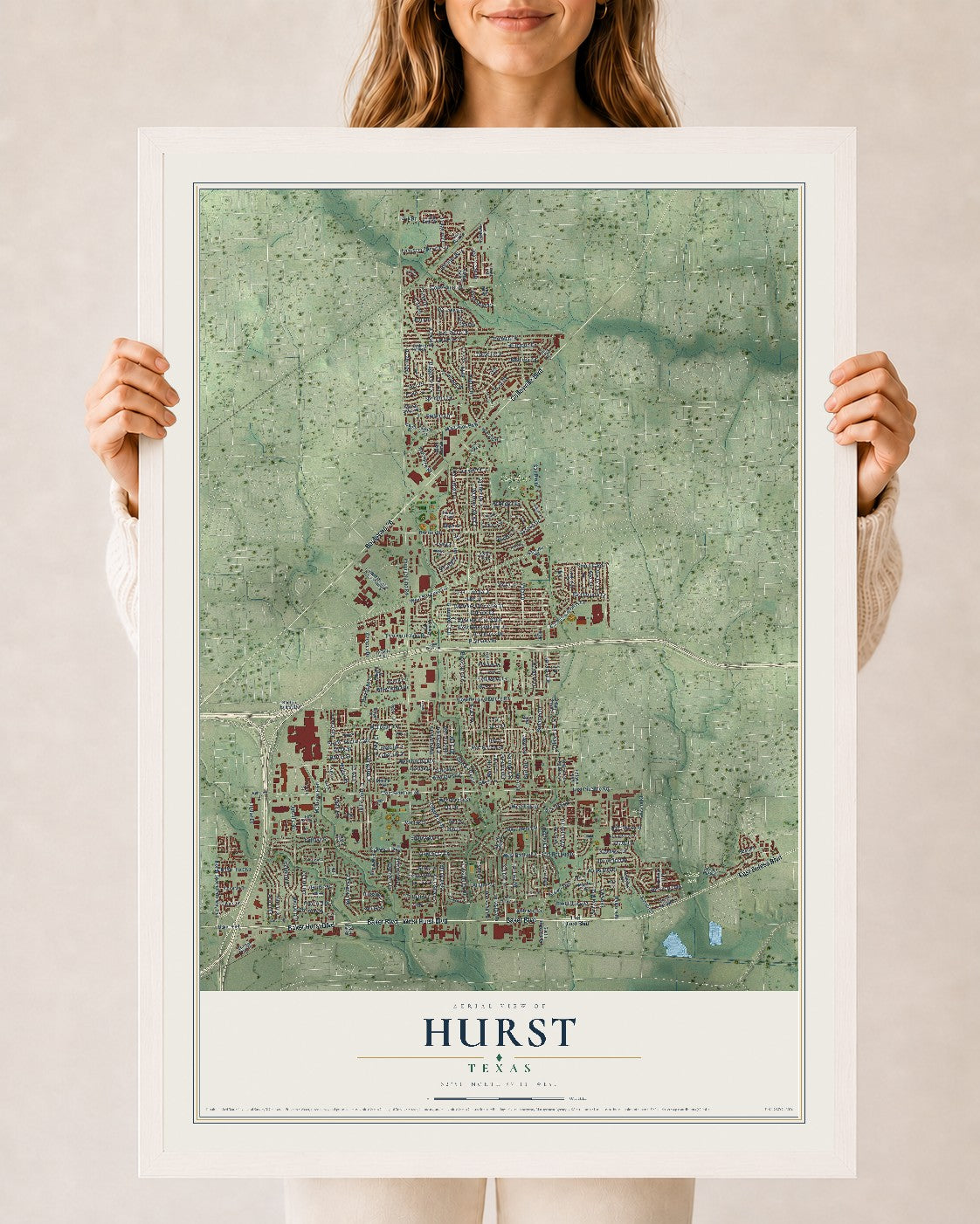 Map of Hurst, Texas, 24 x 36 inch print in a white wood frame