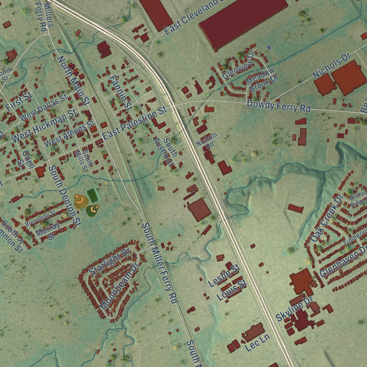 Close-up of the map of Hutchins, Texas print showing street and building detail