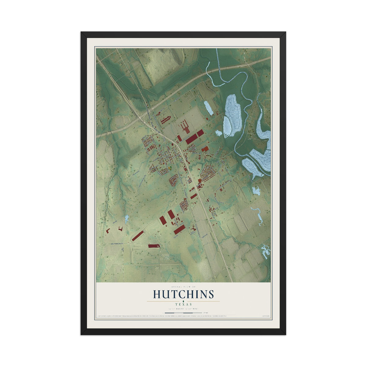 Map of Hutchins, Texas, 12 x 18 inch print in a black wood frame