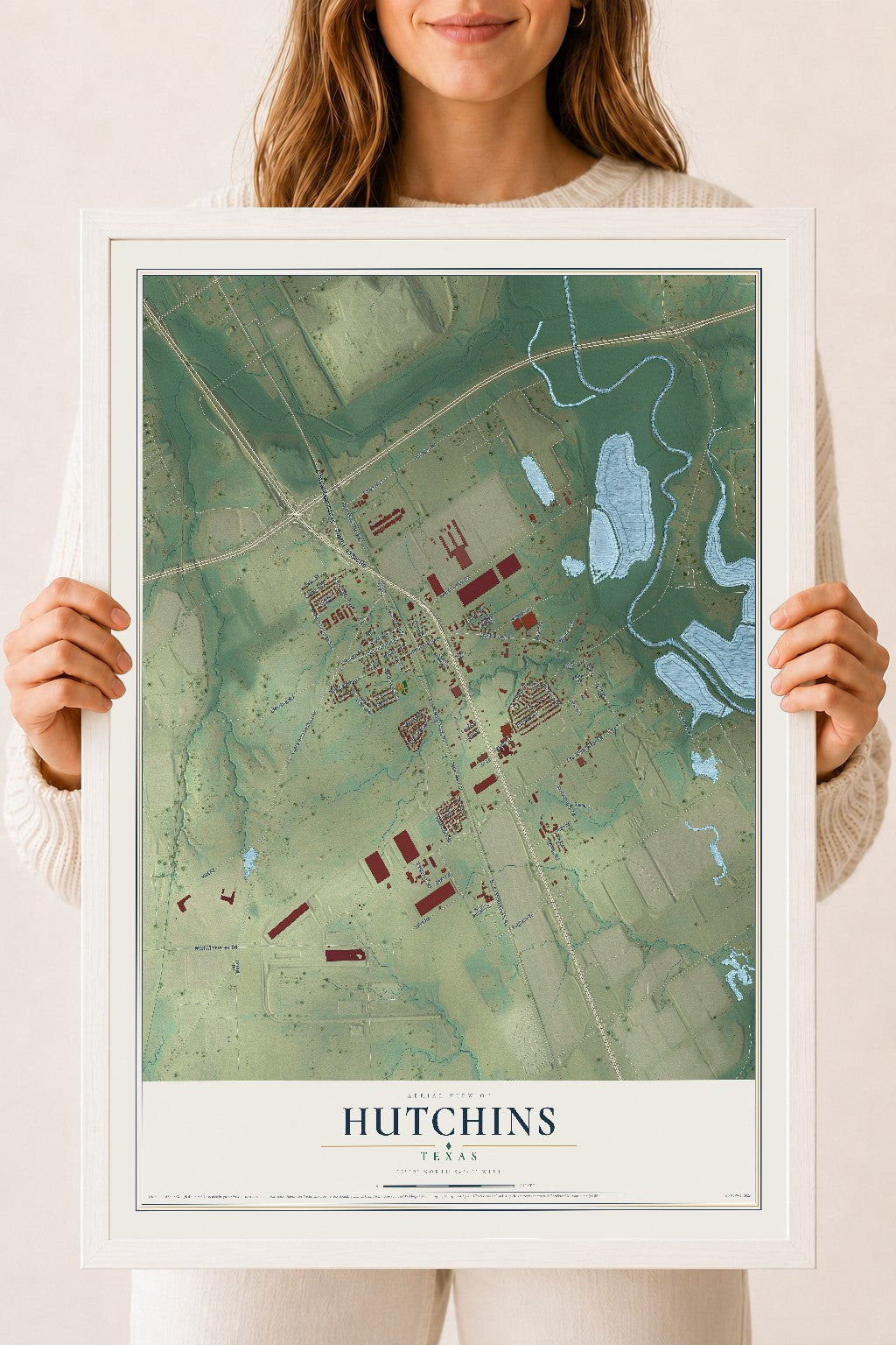 Map of Hutchins, Texas, 18 x 24 inch print in a white wood frame