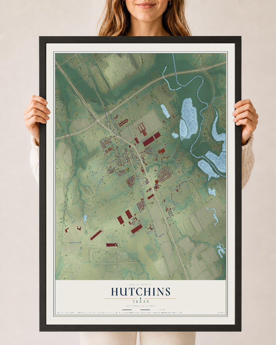 Map of Hutchins, Texas, 24 x 36 inch print in a black wood frame