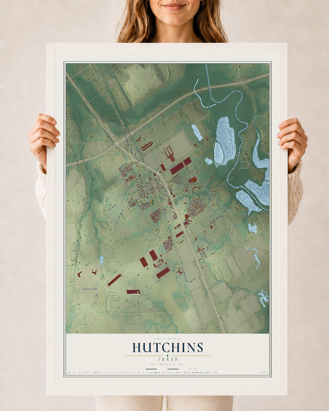 Map of Hutchins, Texas, 24 x 36 inch print in a white wood frame