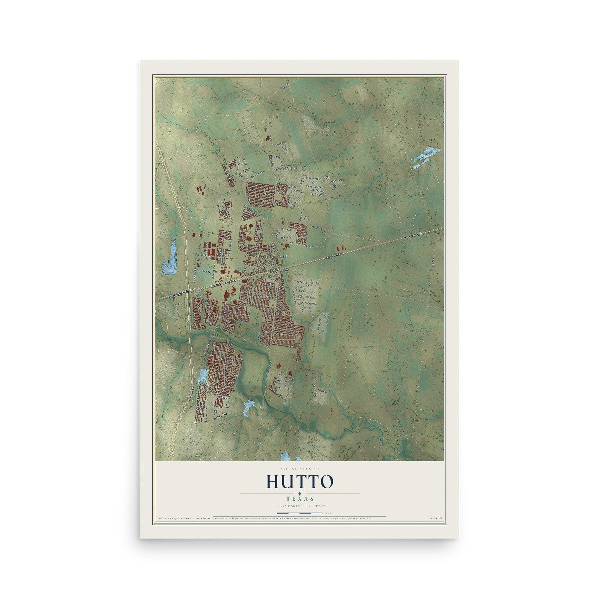 Map of Hutto, Texas, 12 x 18 inch unframed archival matte print
