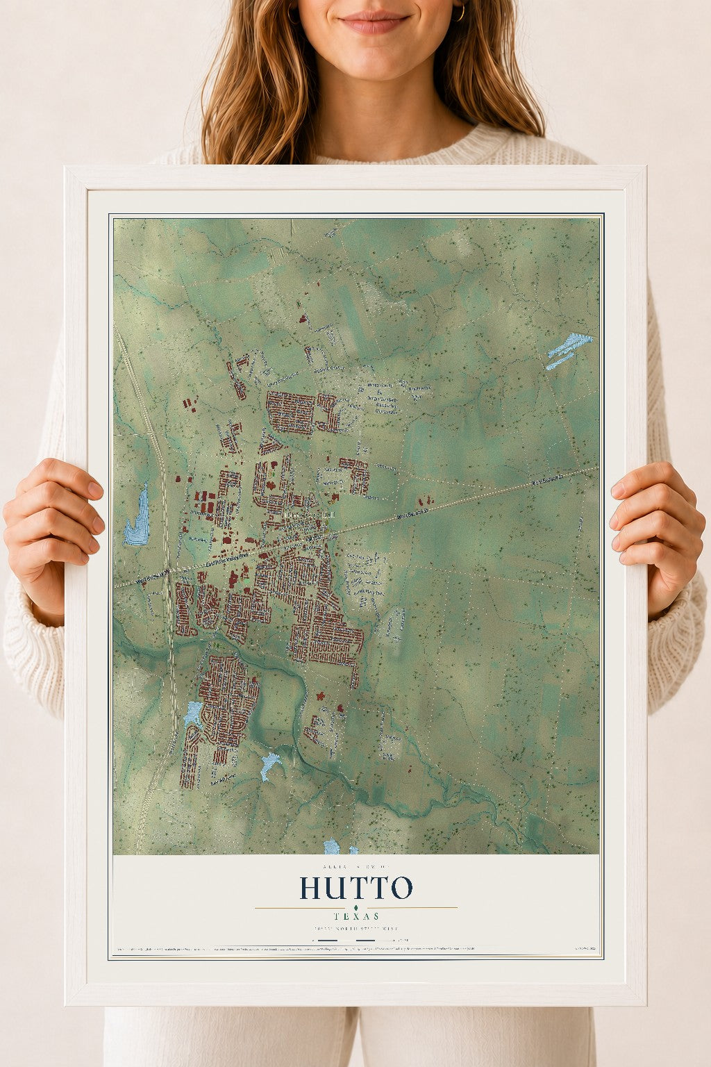 Map of Hutto, Texas, 18 x 24 inch print in a white wood frame