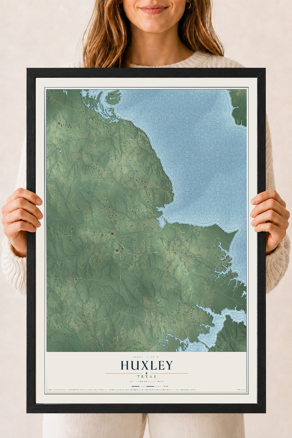 Map of Huxley, Texas, 18 x 24 inch print in a black wood frame