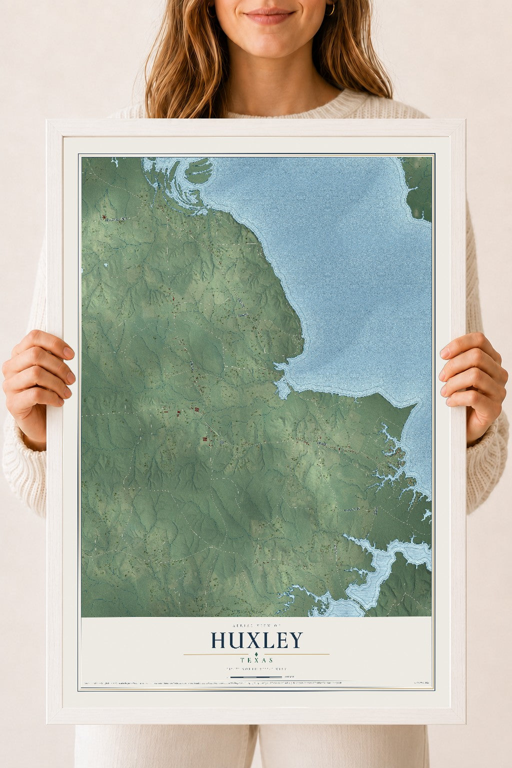 Map of Huxley, Texas, 18 x 24 inch print in a white wood frame