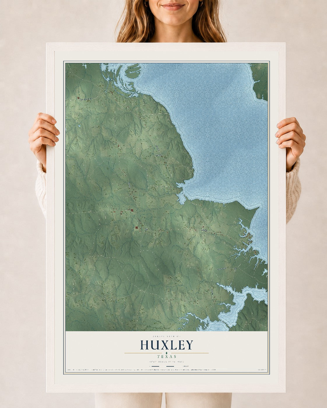 Map of Huxley, Texas, 24 x 36 inch print in a white wood frame