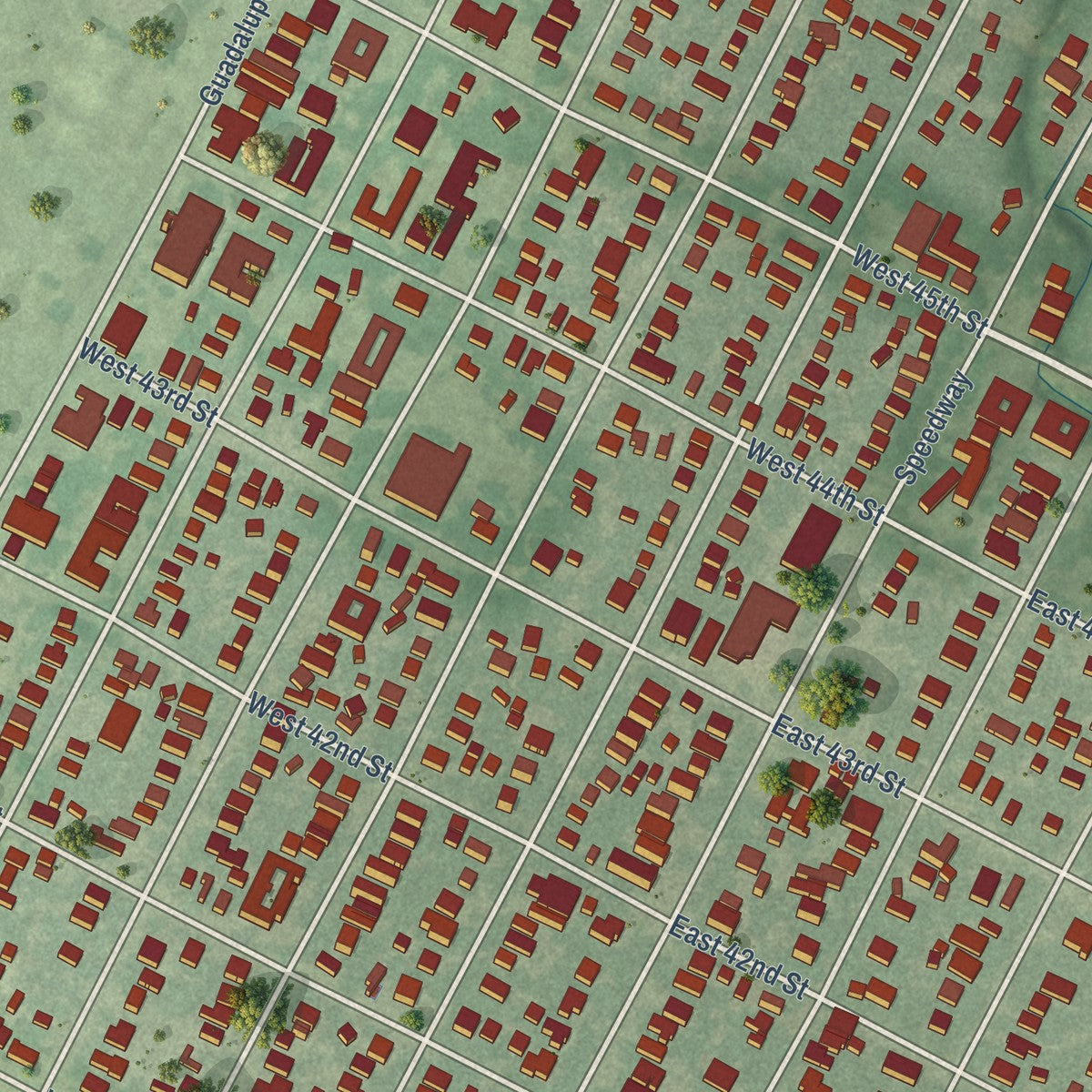 Close-up of the map of Hyde Park, Texas print showing street and building detail