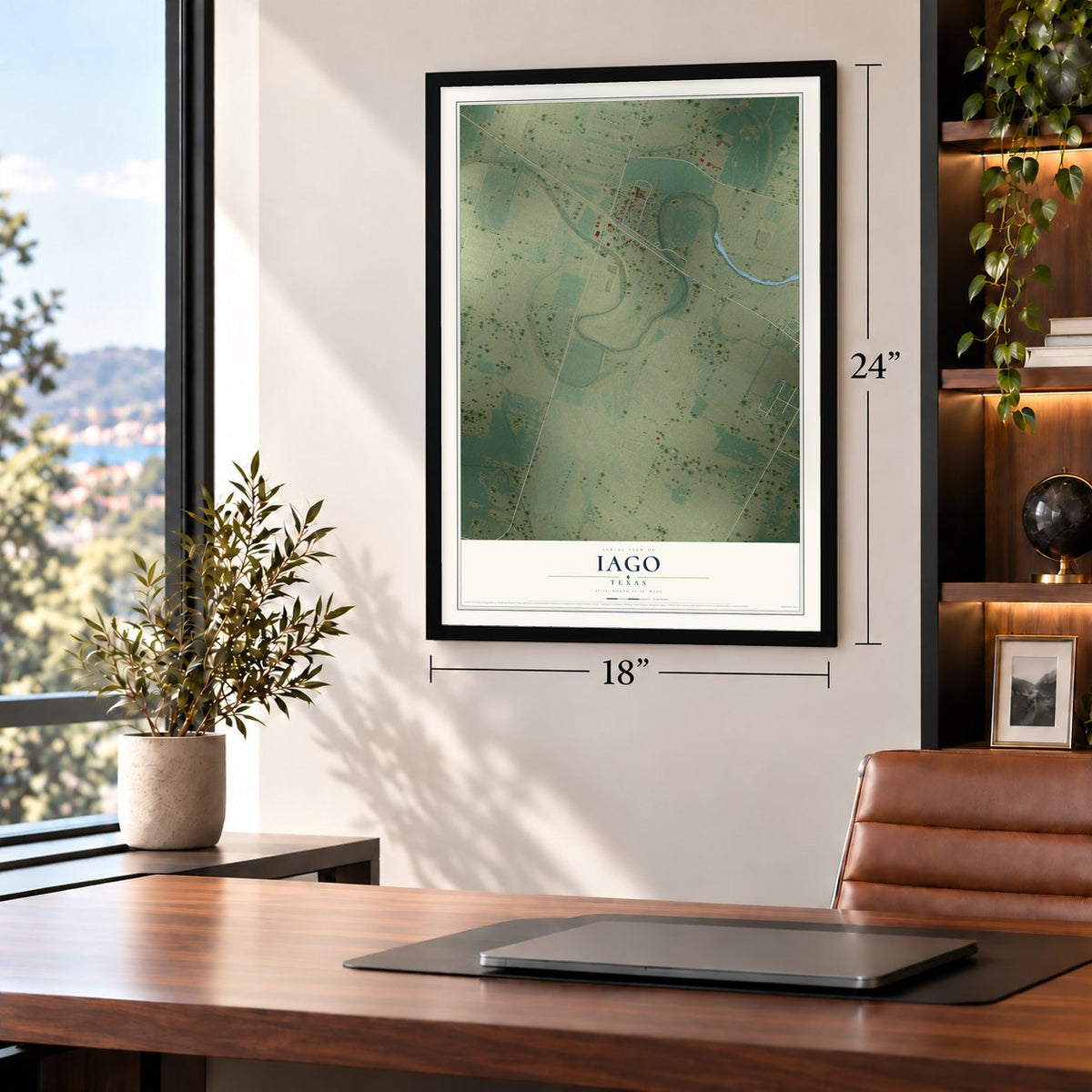 Iago, Texas map, 18 x 24 inch print in a black frame in a home office