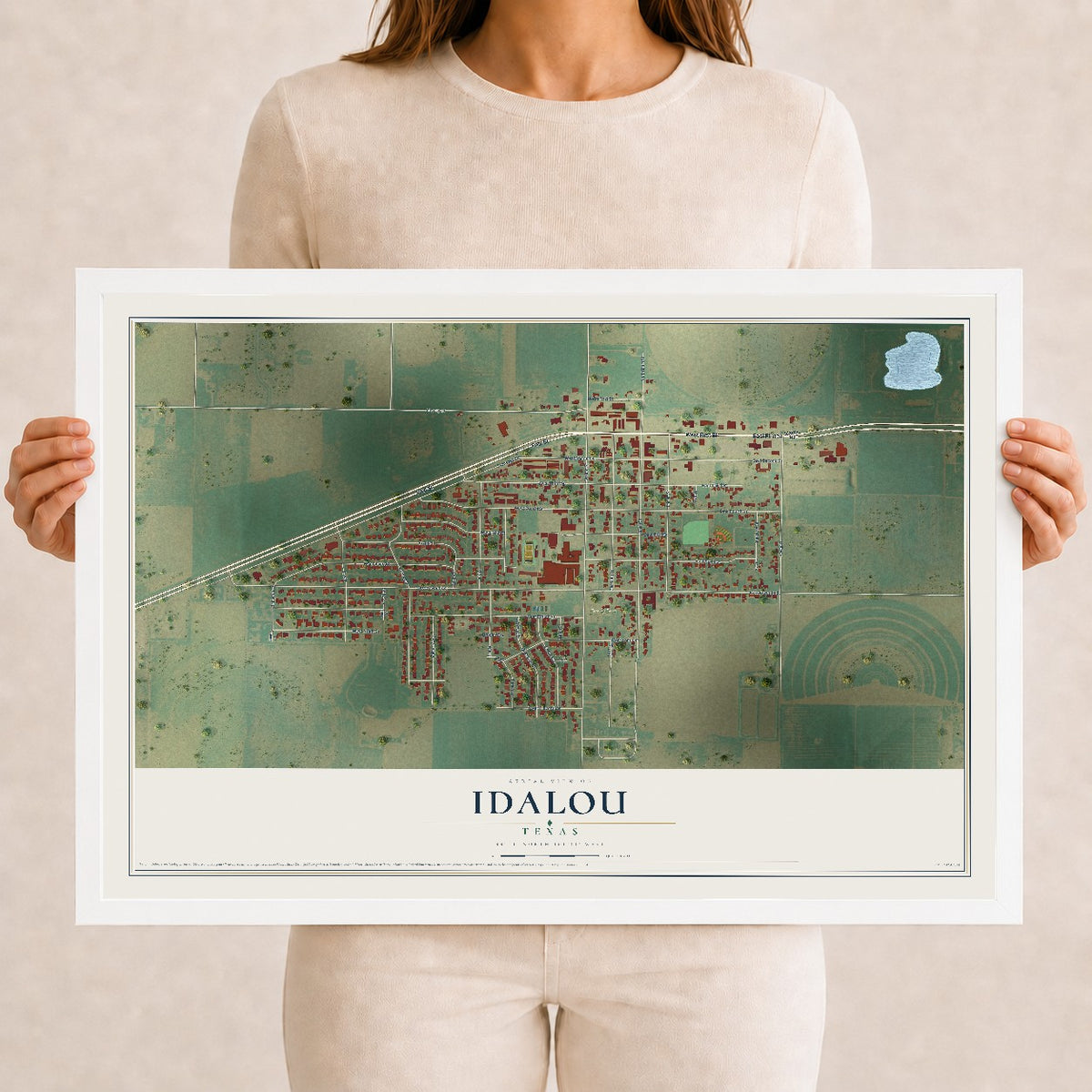 Map of Idalou, Texas, 12 x 18 inch print in a white wood frame