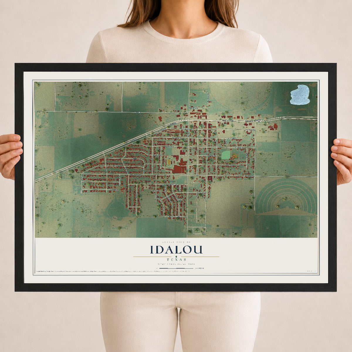 Map of Idalou, Texas, 18 x 24 inch print in a black wood frame