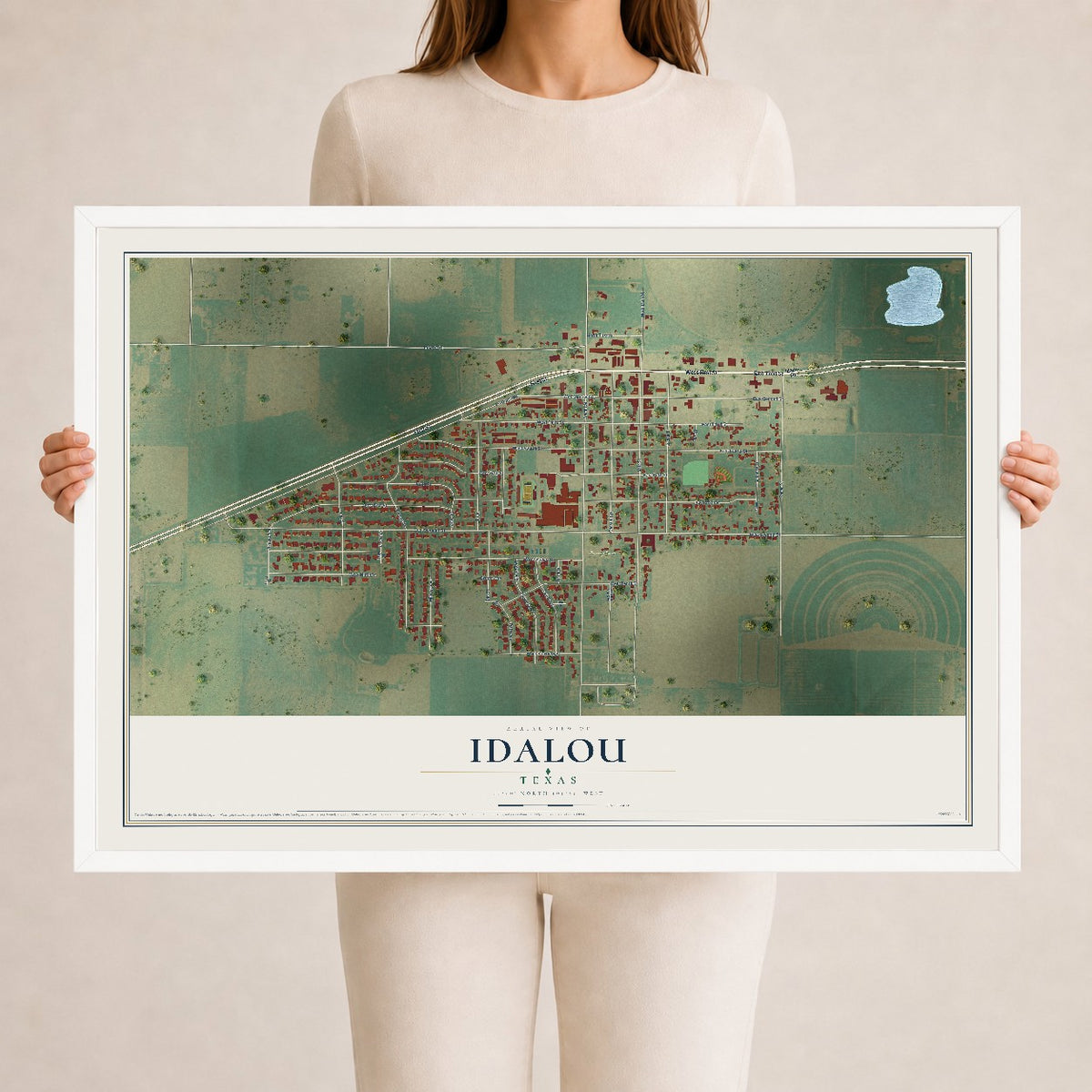 Map of Idalou, Texas, 24 x 36 inch print in a white wood frame
