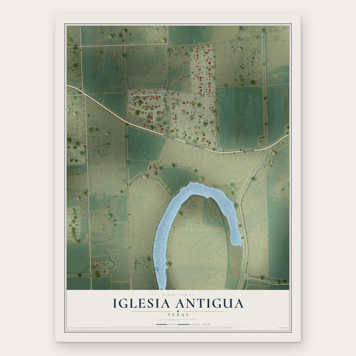 Iglesia Antigua, Texas map print, the full design
