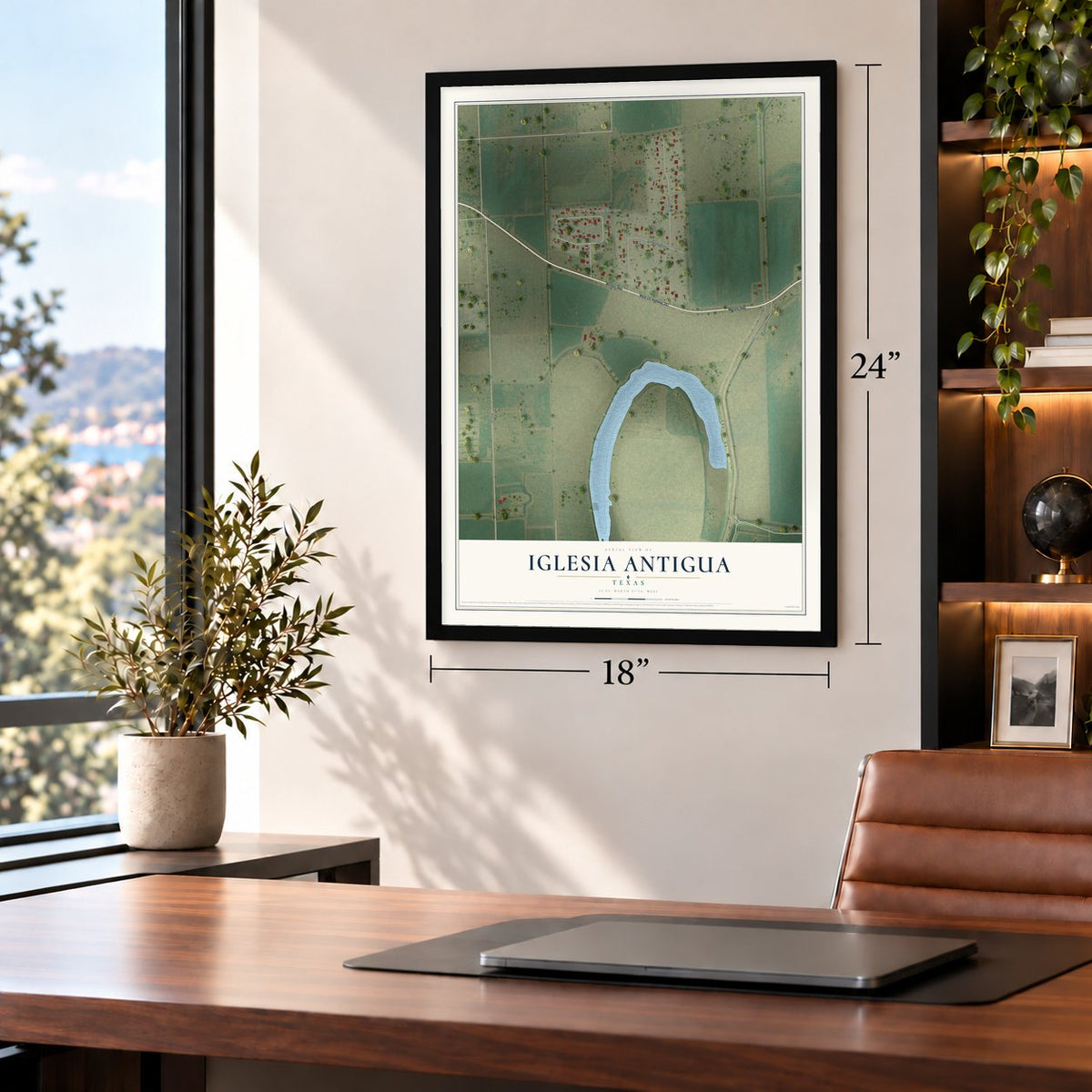 Iglesia Antigua, Texas map, 18 x 24 inch print in a black frame in a home office