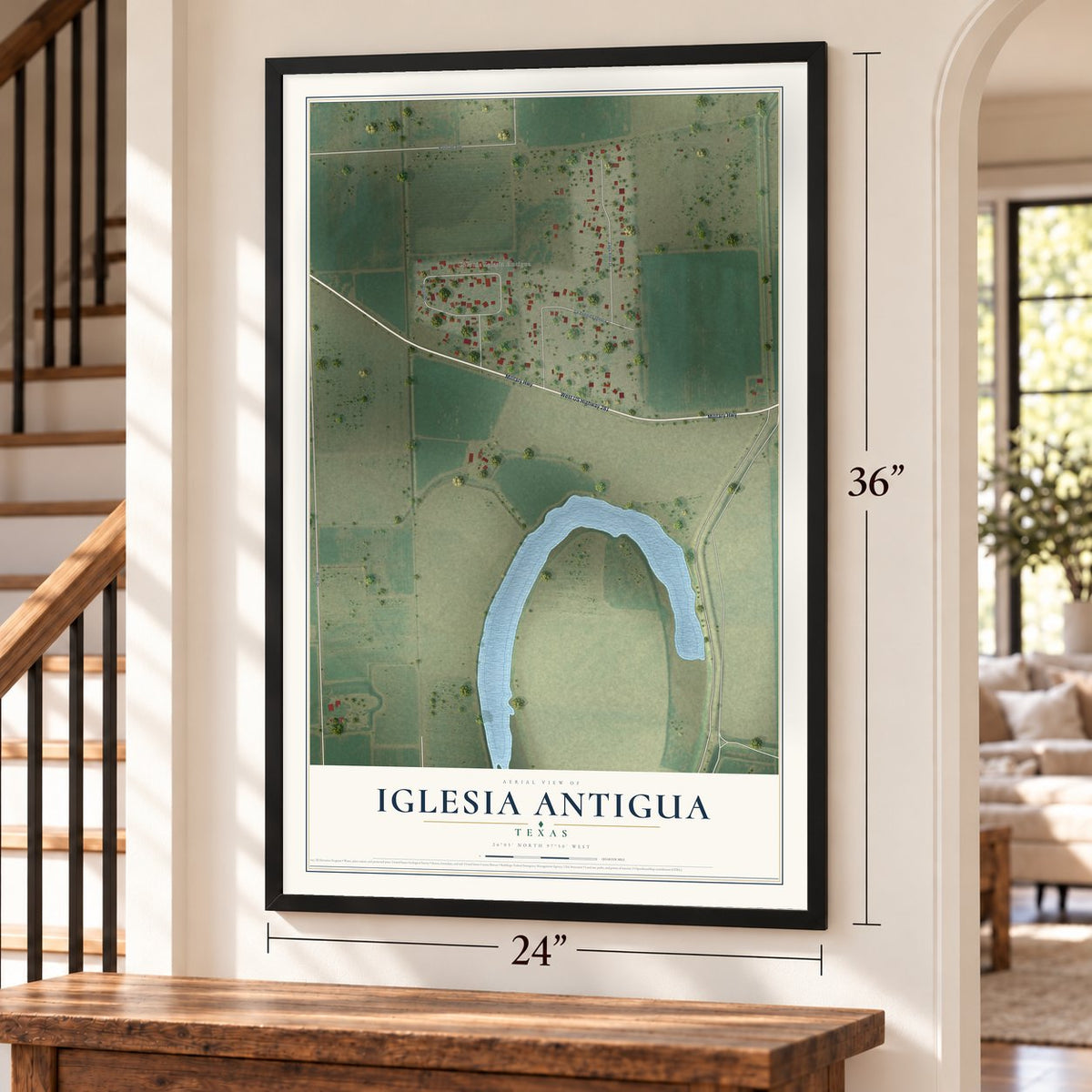 Iglesia Antigua, Texas map, 24 x 36 inch print in a black frame by a staircase