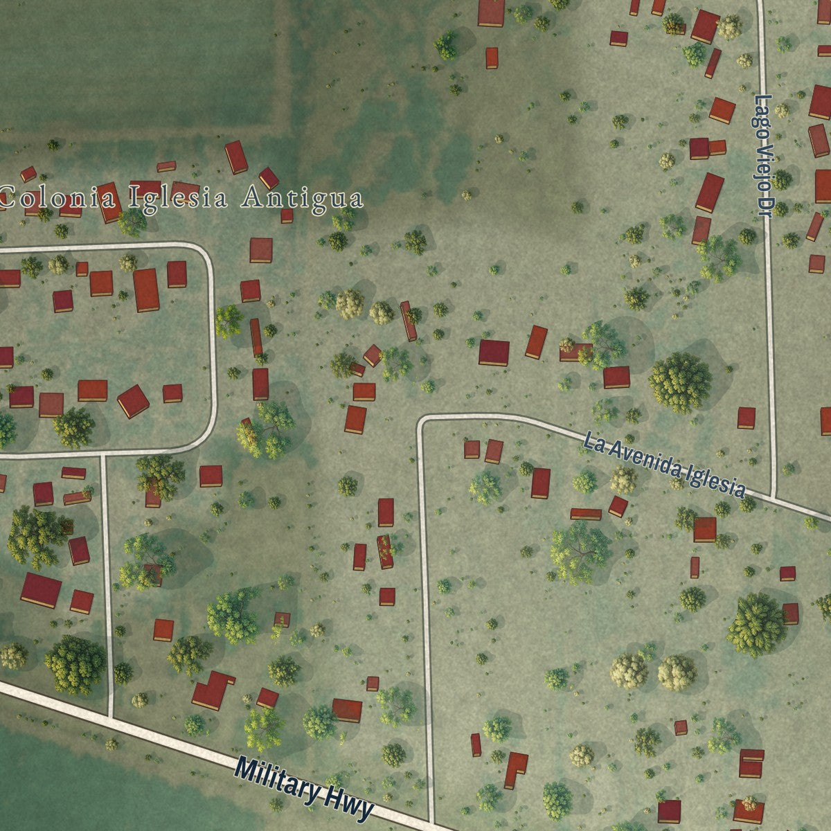 Close-up of the map of Iglesia Antigua, Texas print showing street and building detail