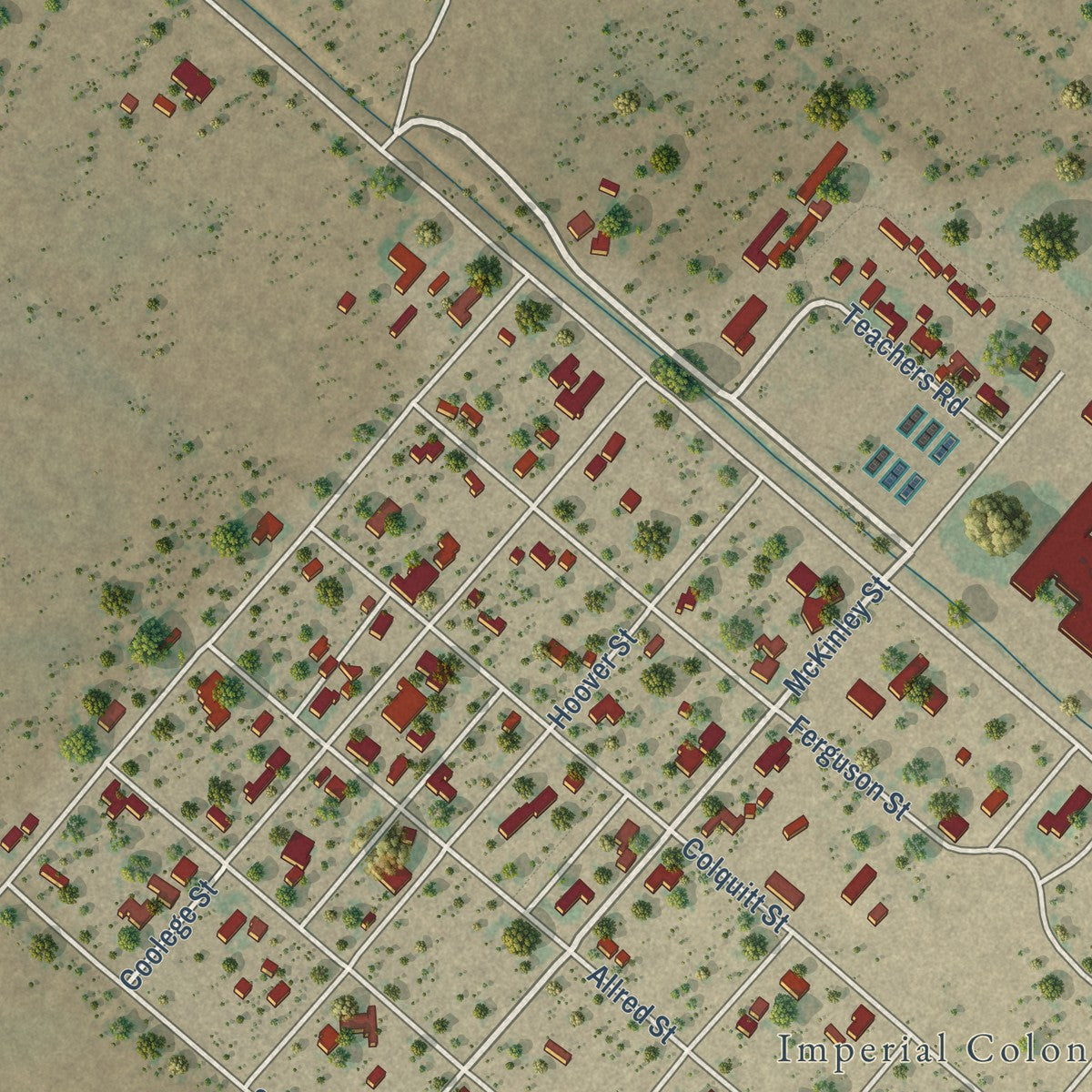 Close-up of the map of Imperial, Texas print showing street and building detail