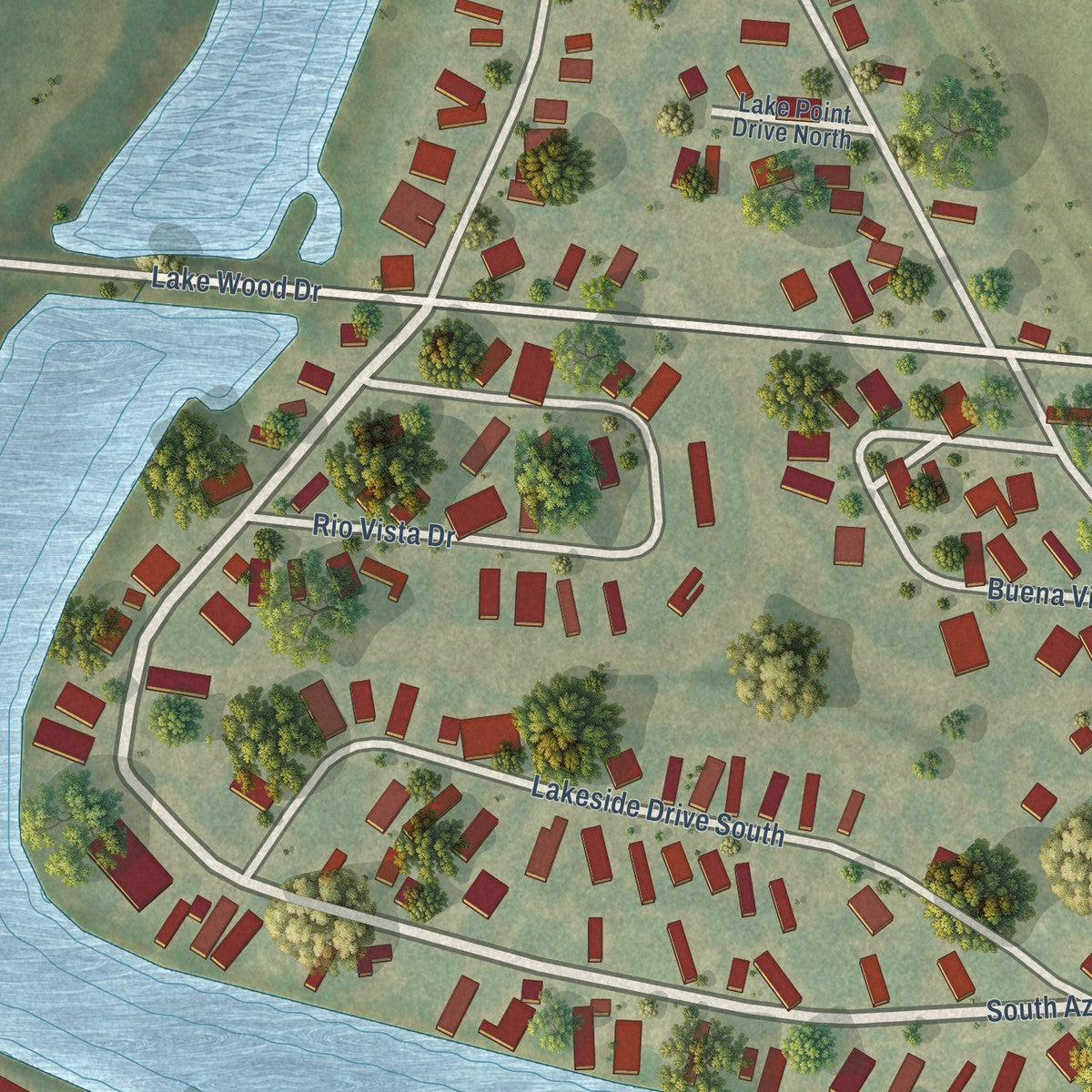 Close-up of the map of Indian Lake, Texas print showing street and building detail