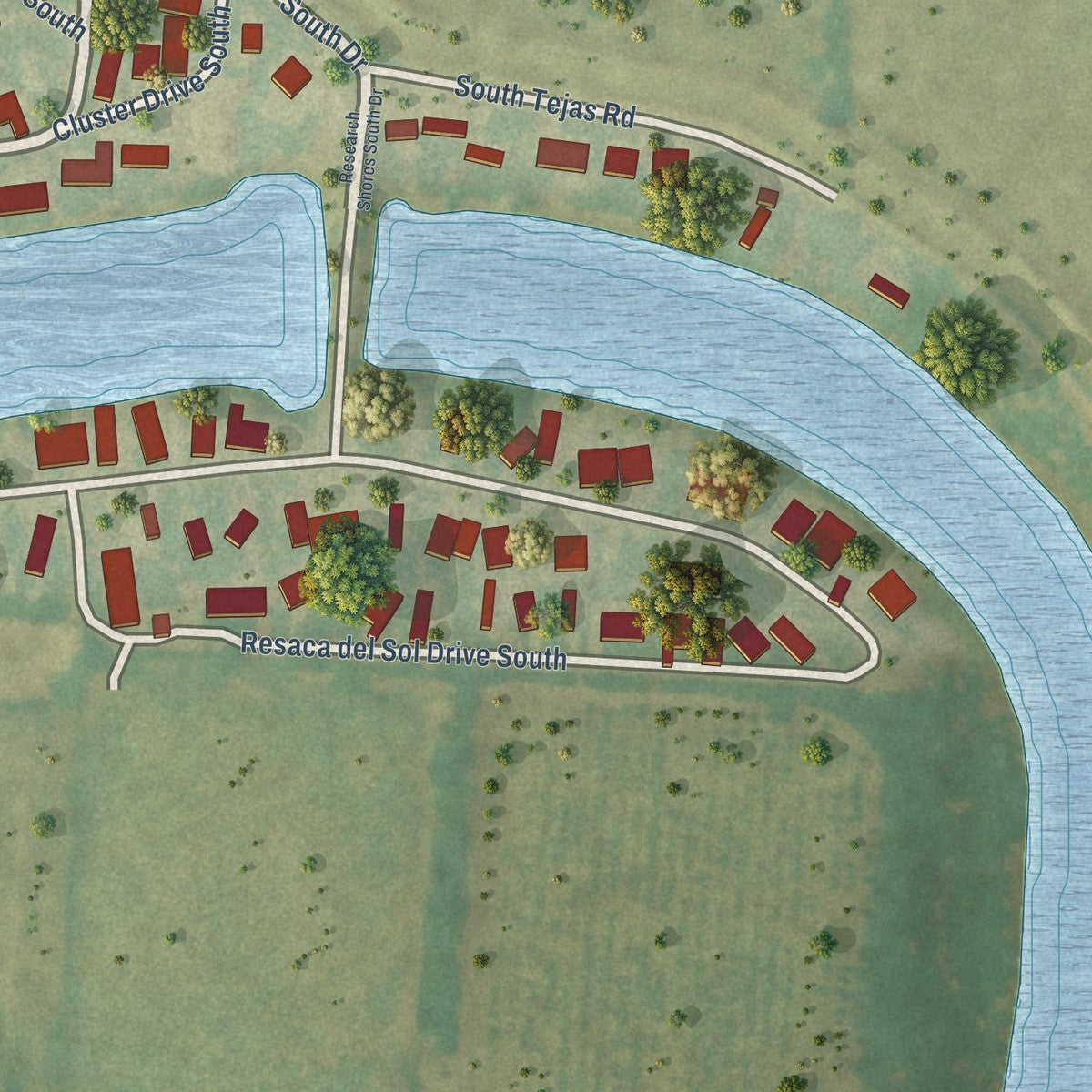 Second close-up of the map of Indian Lake, Texas print showing more streets and buildings
