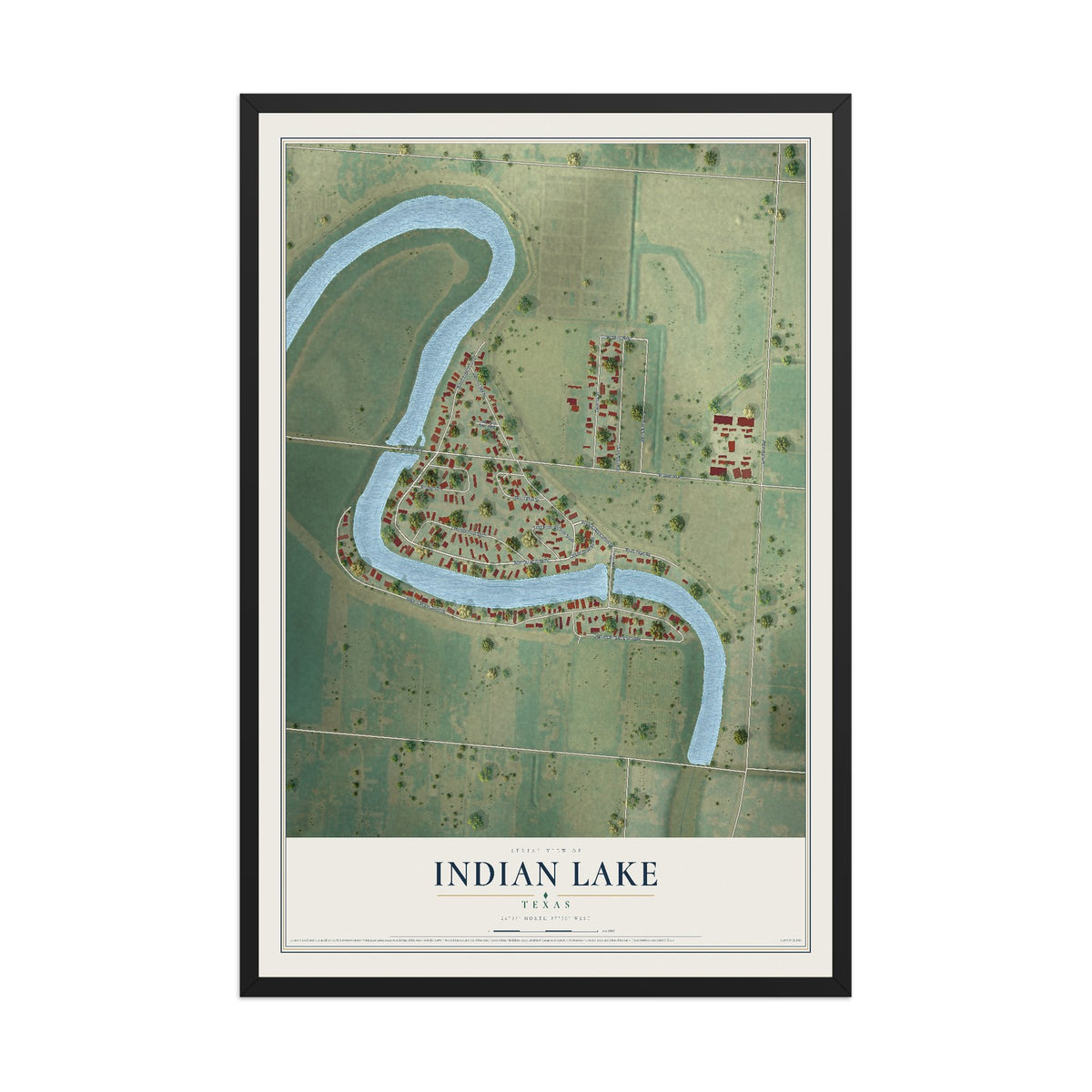 Map of Indian Lake, Texas, 12 x 18 inch print in a black wood frame