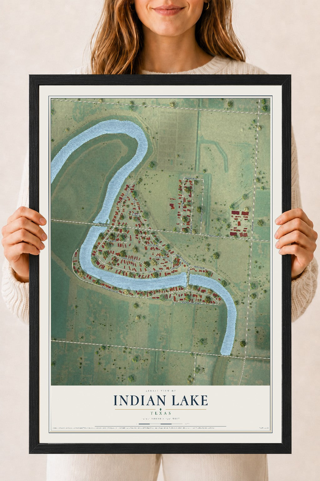 Map of Indian Lake, Texas, 18 x 24 inch print in a black wood frame