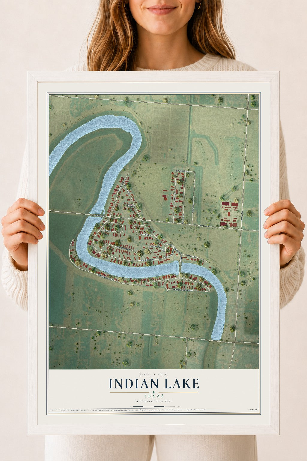 Map of Indian Lake, Texas, 18 x 24 inch print in a white wood frame