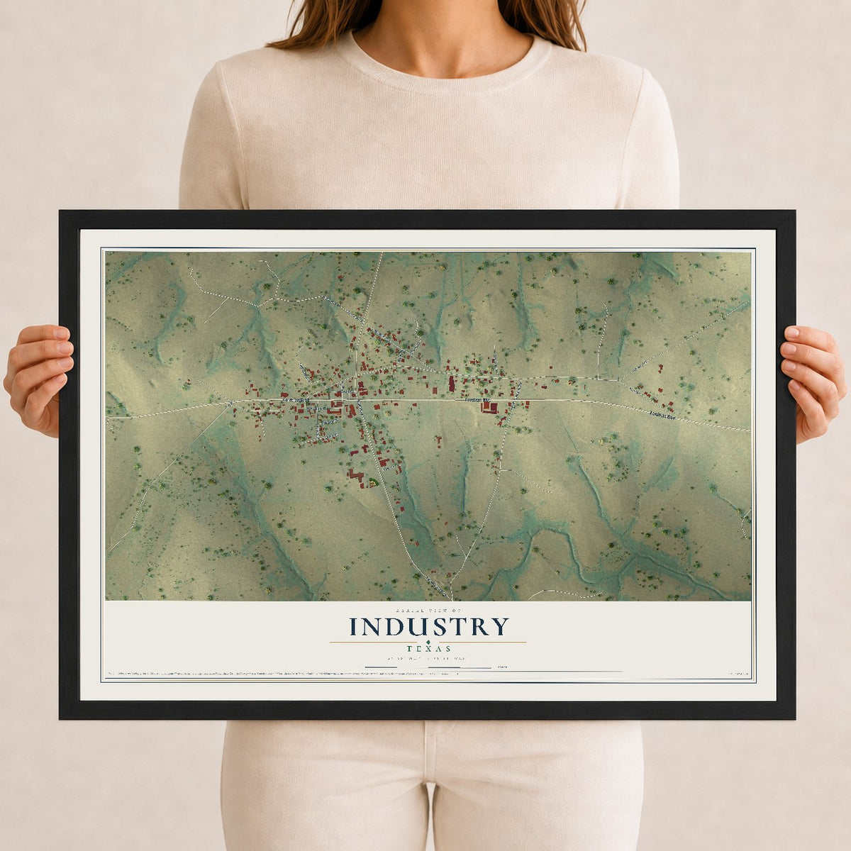 Map of Industry, Texas, 12 x 18 inch print in a black wood frame