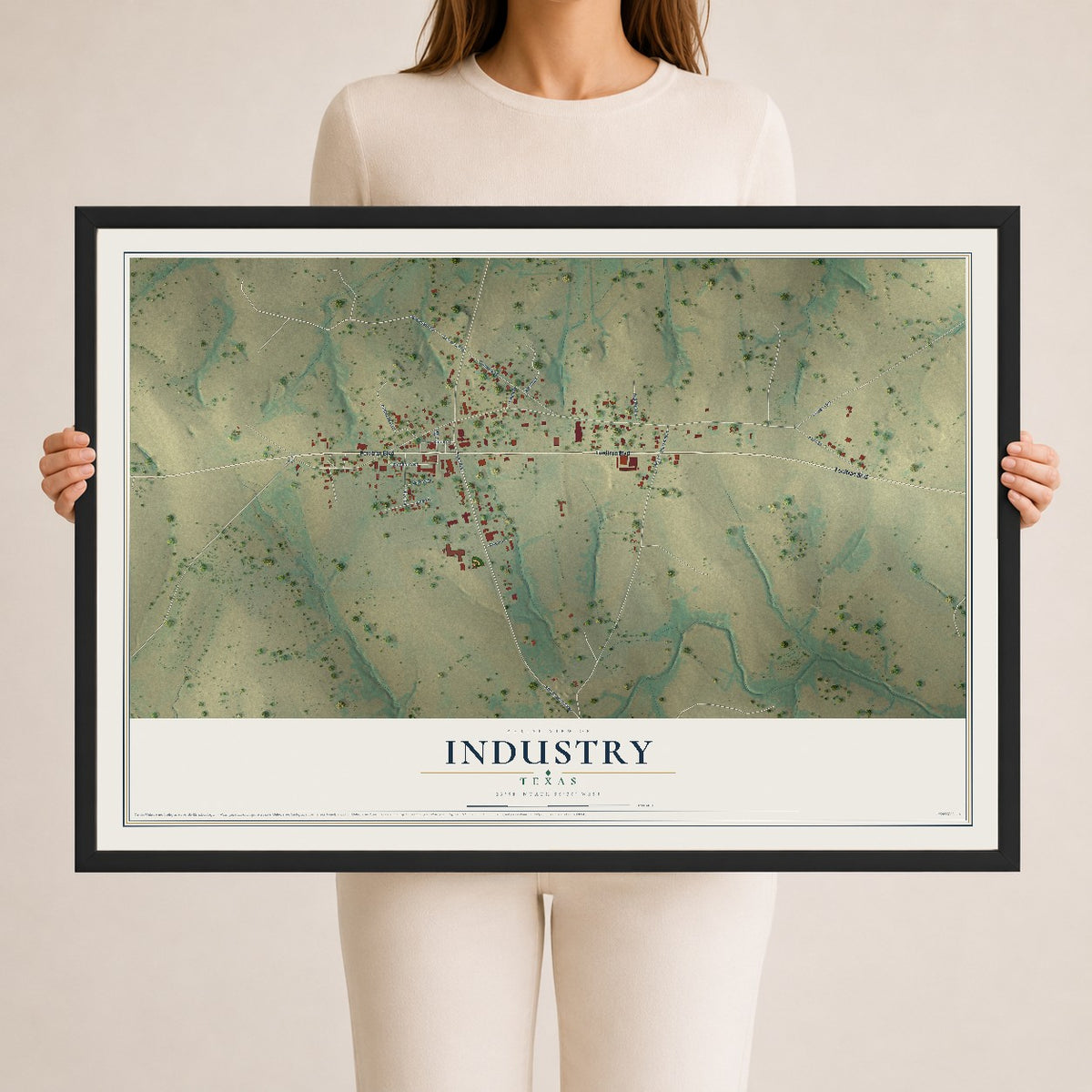 Map of Industry, Texas, 24 x 36 inch print in a black wood frame
