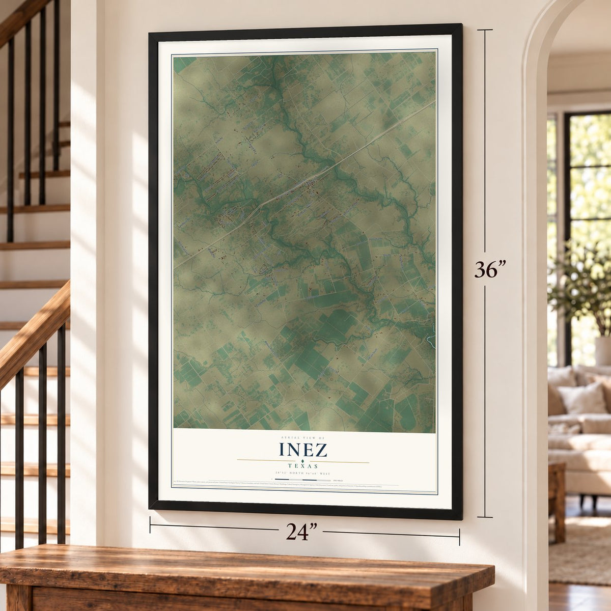 Inez, Texas map, 24 x 36 inch print in a black frame by a staircase