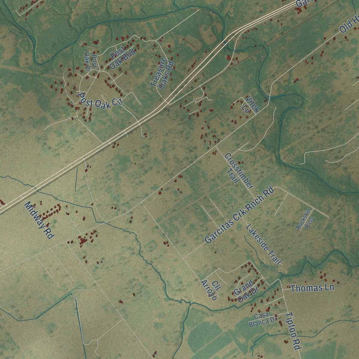 Close-up of the map of Inez, Texas print showing street and building detail