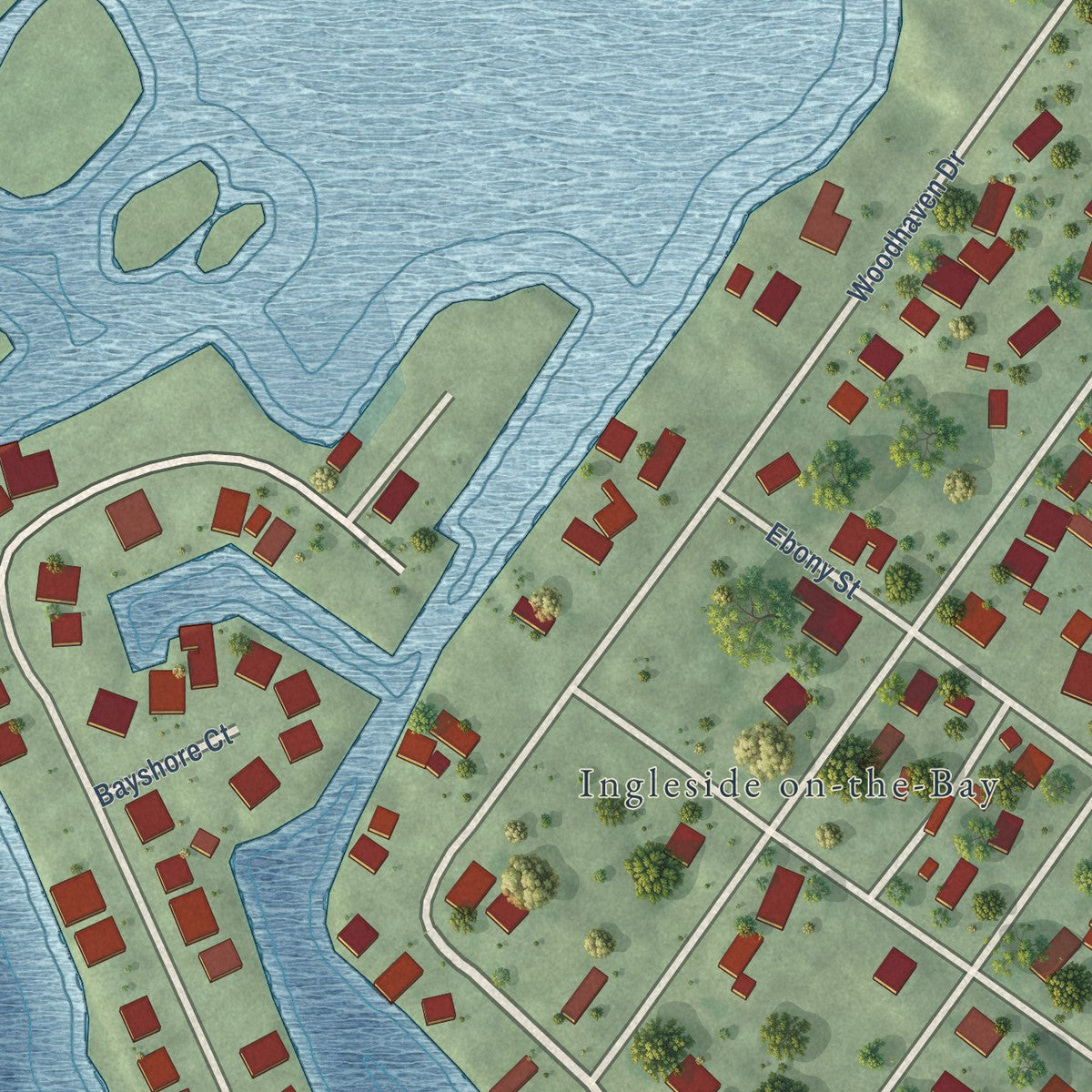 Close-up of the map of Ingleside on the Bay, Texas print showing street and building detail