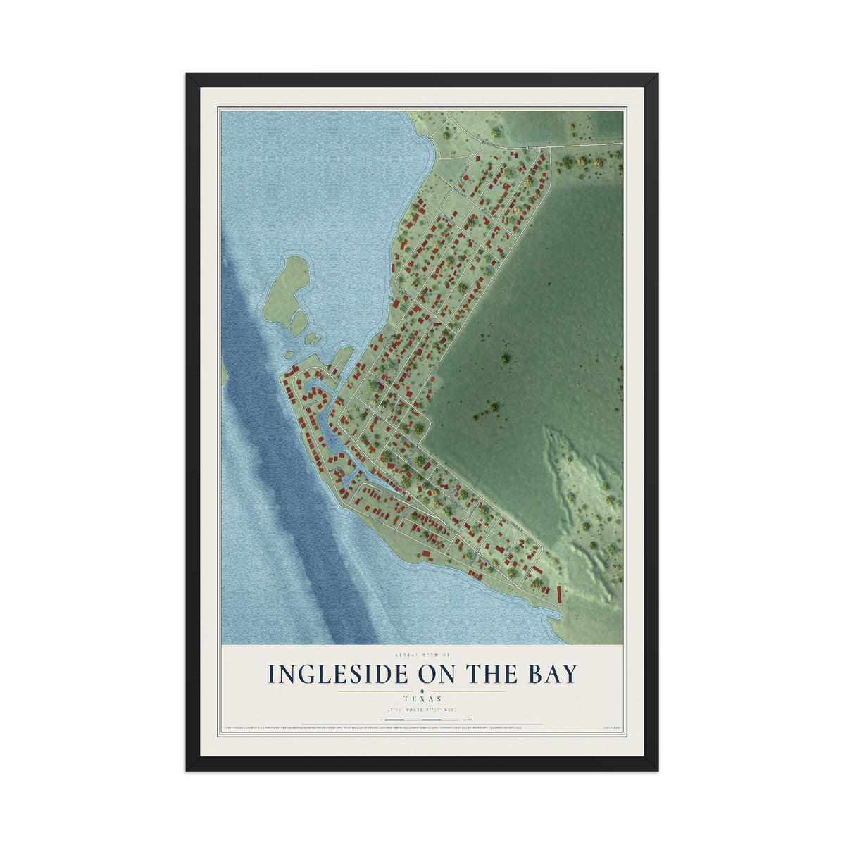 Map of Ingleside on the Bay, Texas, 12 x 18 inch print in a black wood frame