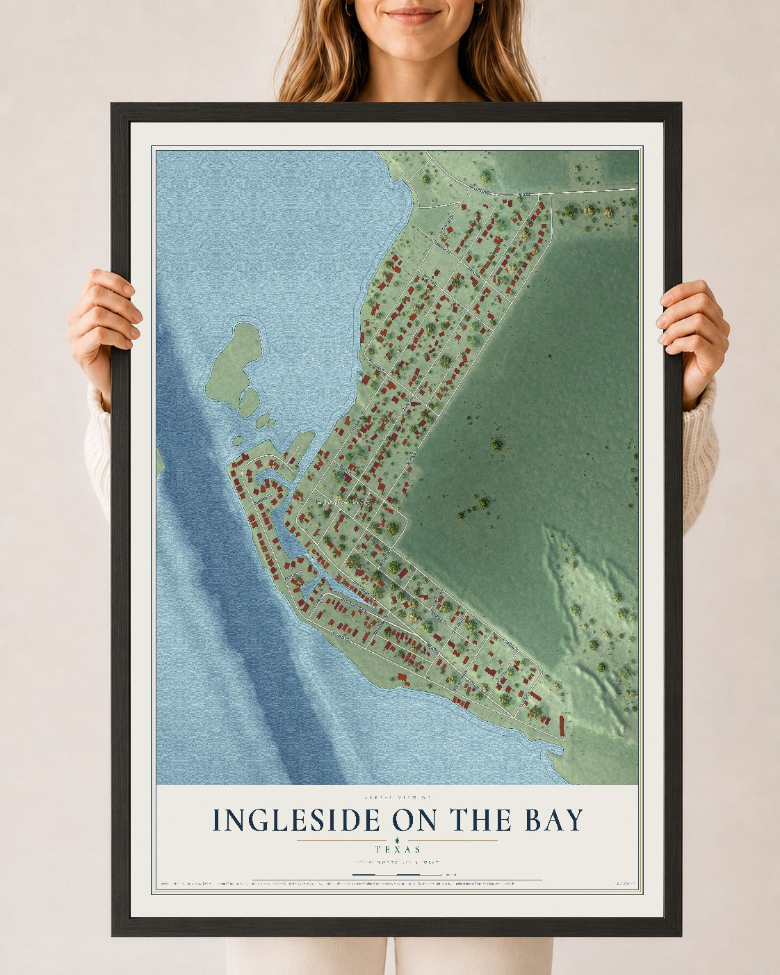 Map of Ingleside on the Bay, Texas, 24 x 36 inch print in a black wood frame