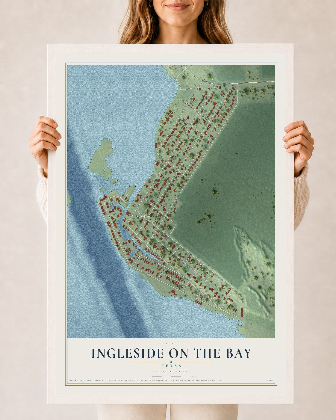 Map of Ingleside on the Bay, Texas, 24 x 36 inch print in a white wood frame