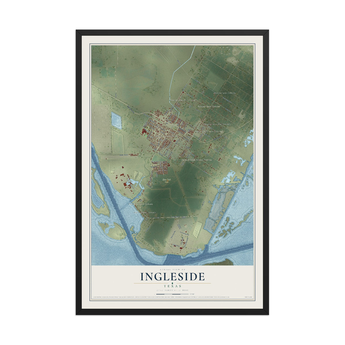 Map of Ingleside, Texas, 12 x 18 inch print in a black wood frame