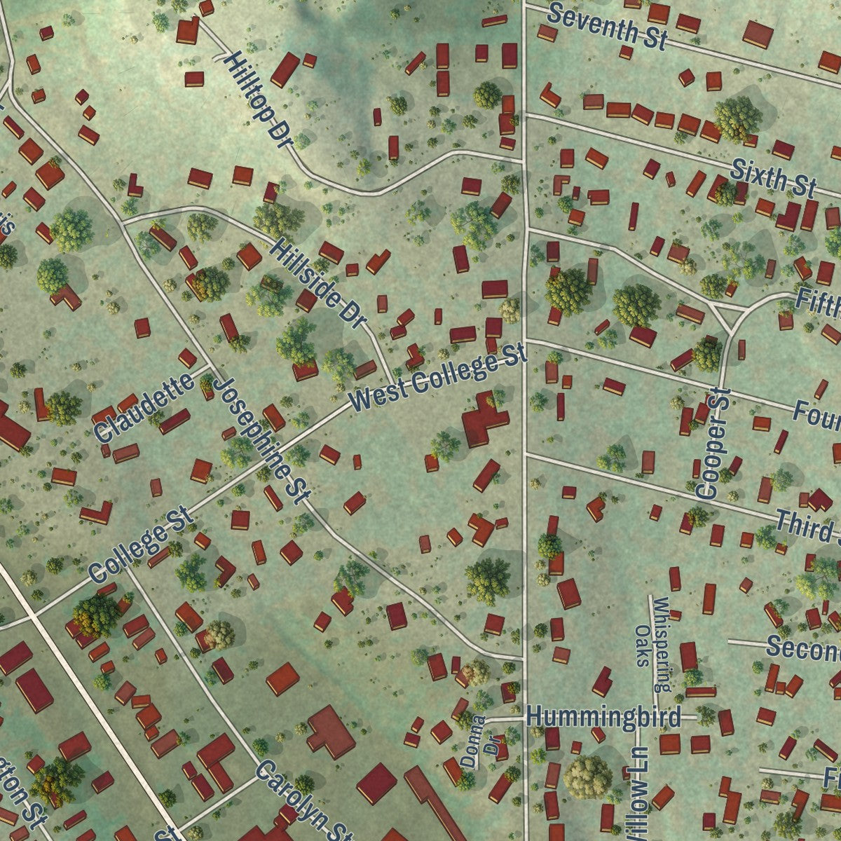 Close-up of the map of Ingram, Texas print showing street and building detail