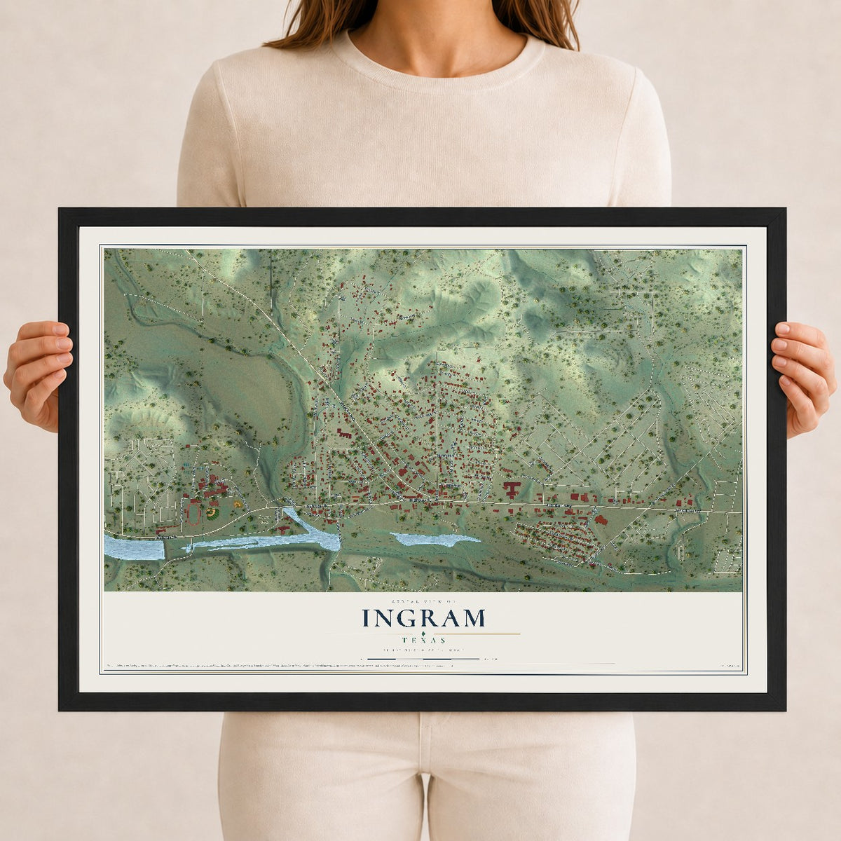 Map of Ingram, Texas, 12 x 18 inch print in a black wood frame
