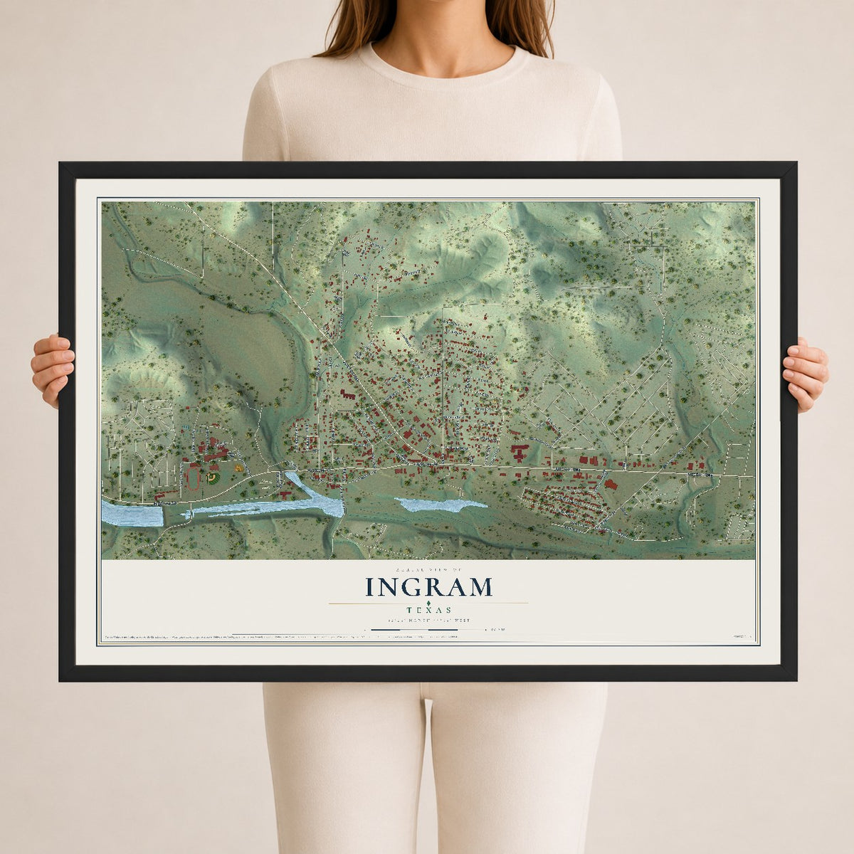 Map of Ingram, Texas, 24 x 36 inch print in a black wood frame
