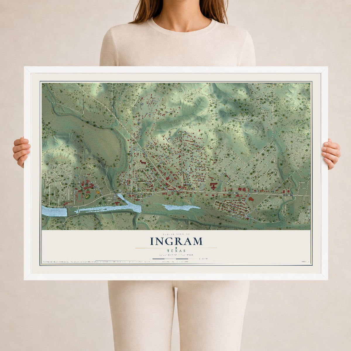 Map of Ingram, Texas, 24 x 36 inch print in a white wood frame