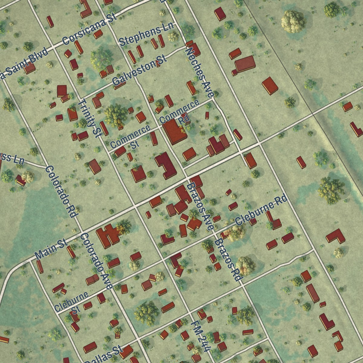 Close-up of the map of Iola, Texas print showing street and building detail