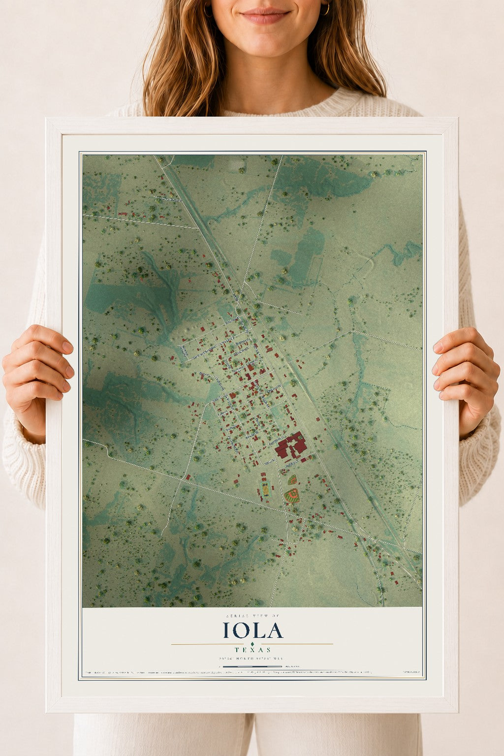 Map of Iola, Texas, 18 x 24 inch print in a white wood frame