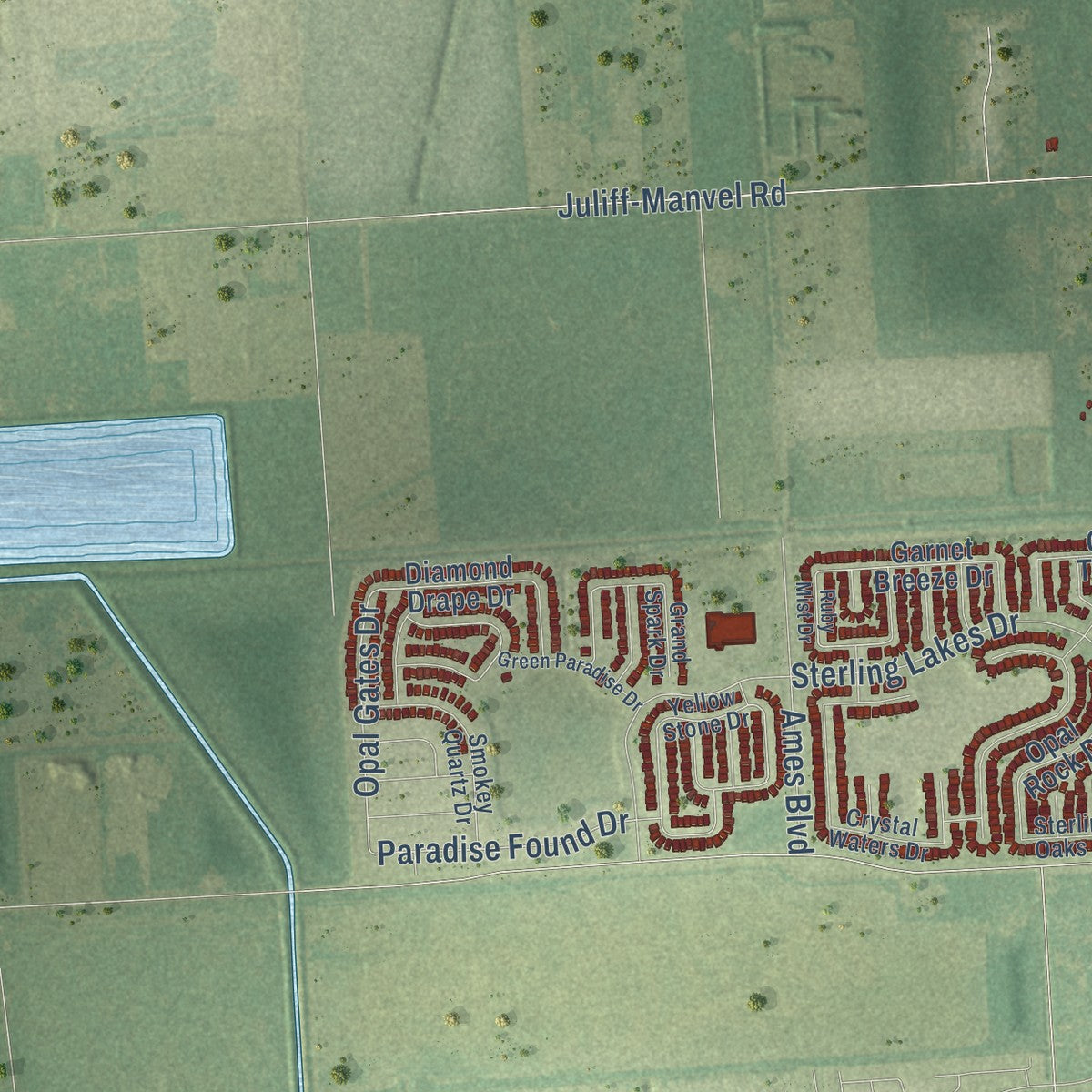 Second close-up of the map of Iowa Colony, Texas print showing more streets and buildings